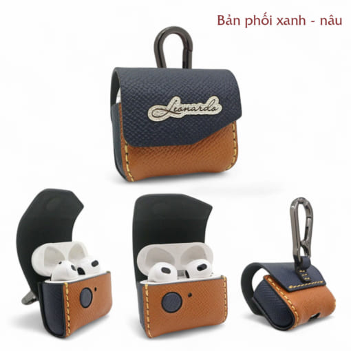 Bao da da Airpods 4 Anc được làm từ da bò, phối màu xanh và nâu hạt